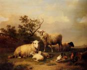 尤金约瑟夫维保盖文 - Sheep With Resting Lambs And Poultry In A Landscape